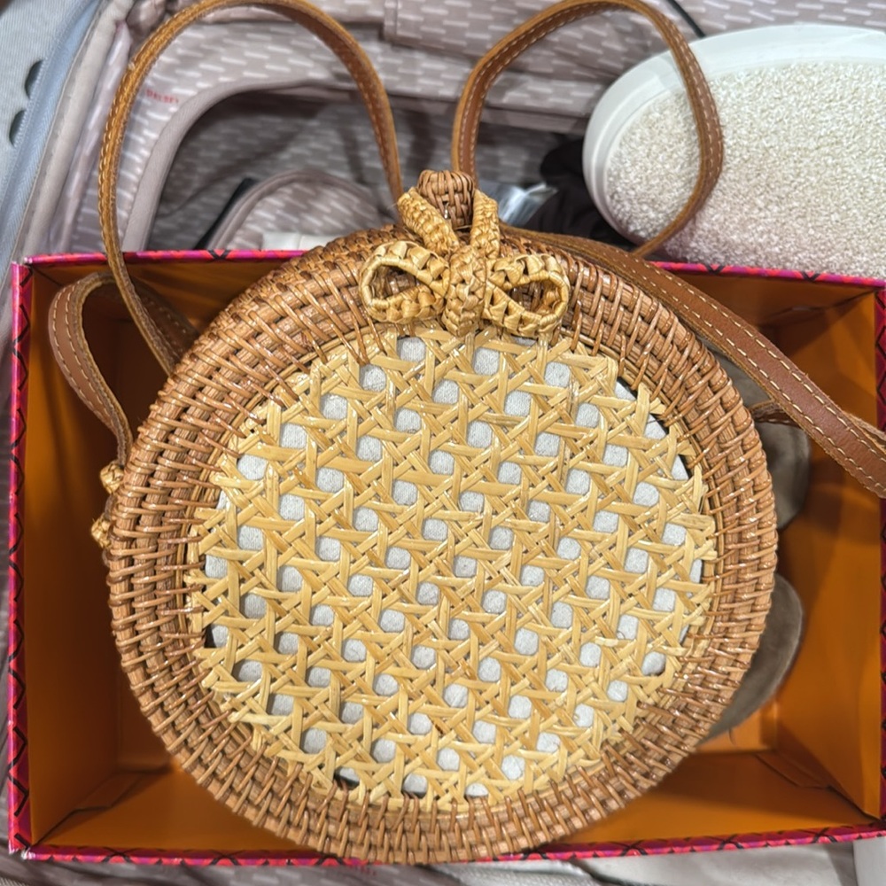 Brown and Tan Woven Round Bag